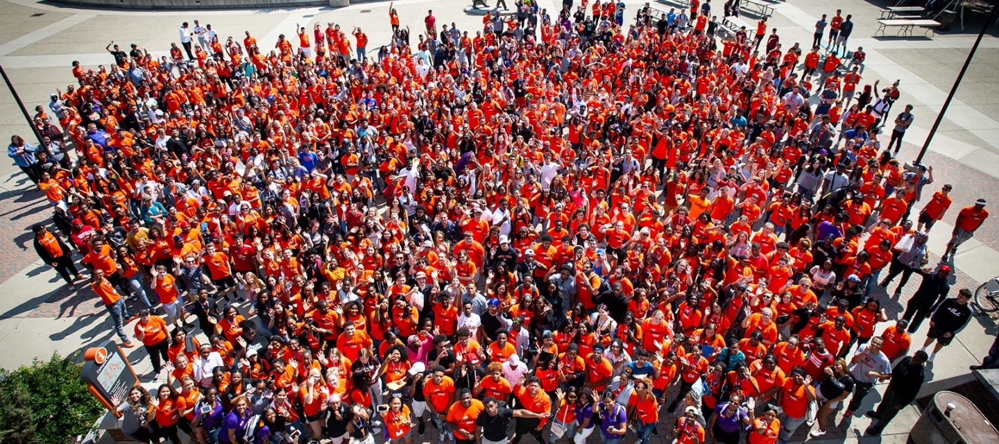 Mass student crowd in the quad
